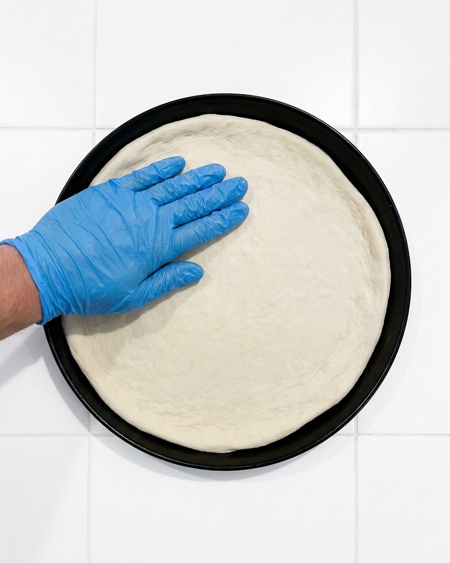 Limpasto per pizza viene steso su una teglia rotonda in metallo scuro.