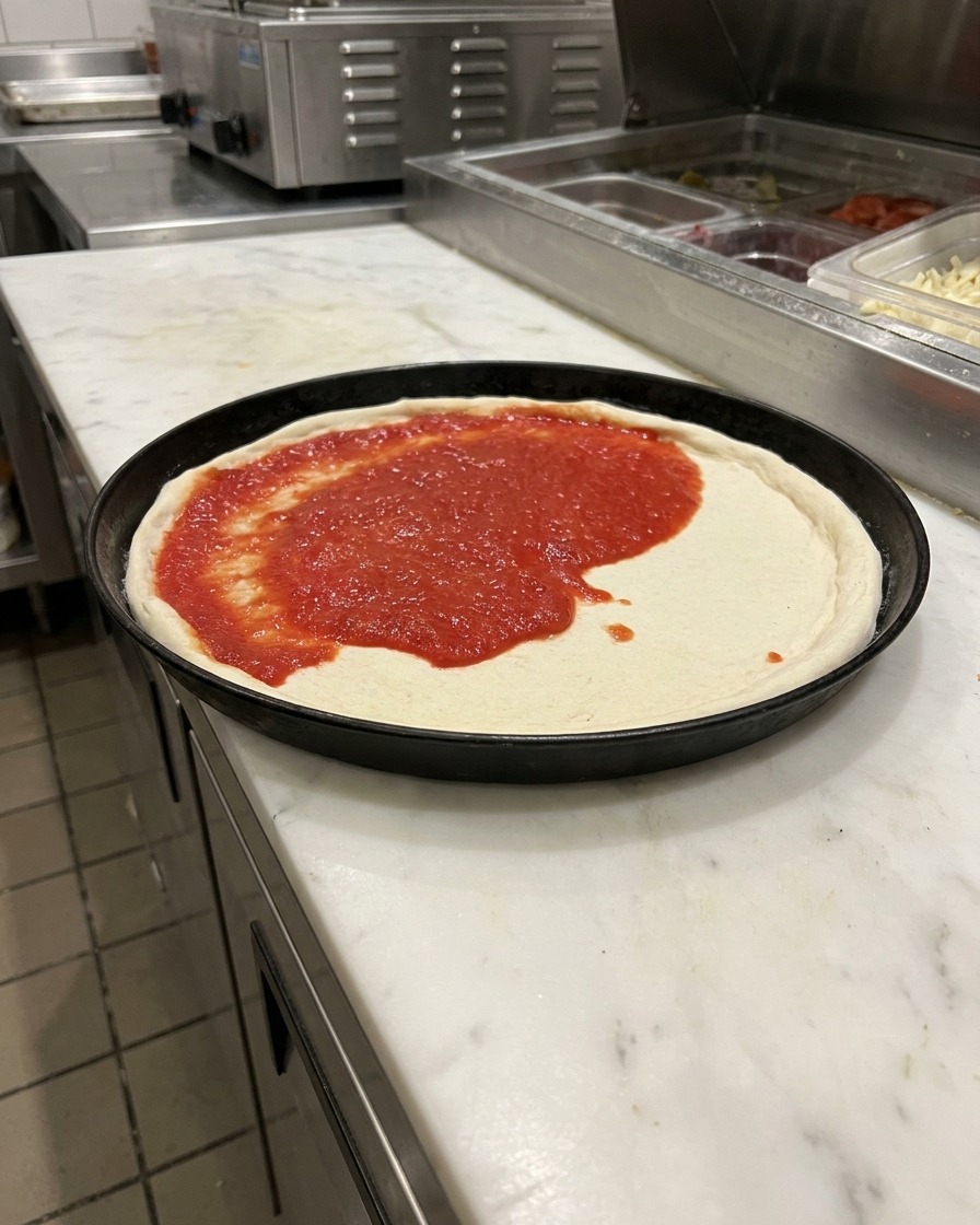 Un cucchiaio di salsa di pomodoro distribuito uniformemente sullimpasto.