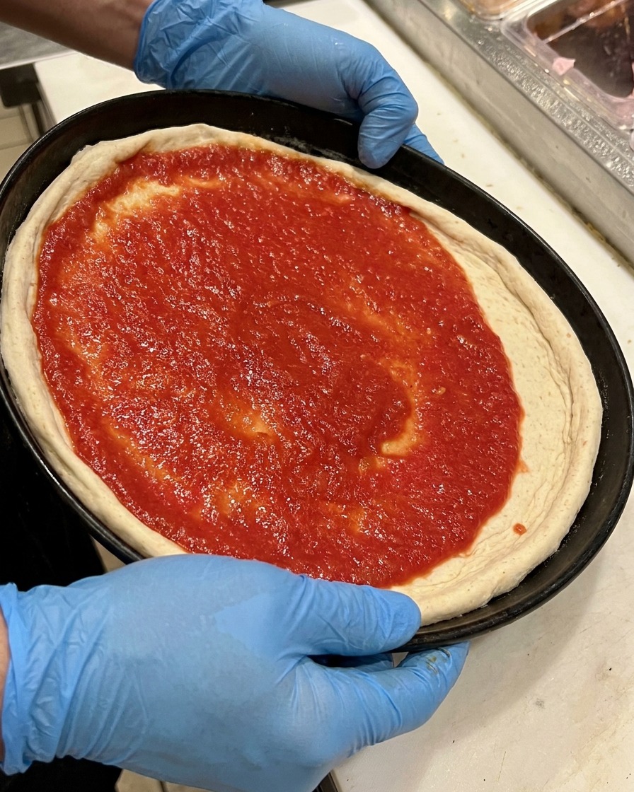 Olive nere intere sparse sulla base della pizza condita con pomodoro.