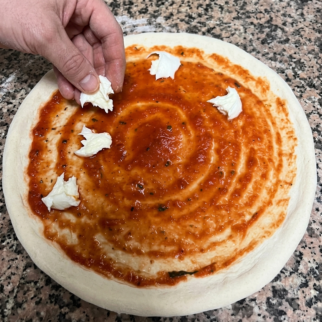 Mano che aggiunge pezzi di mozzarella di bufala sulla base di pomodoro.