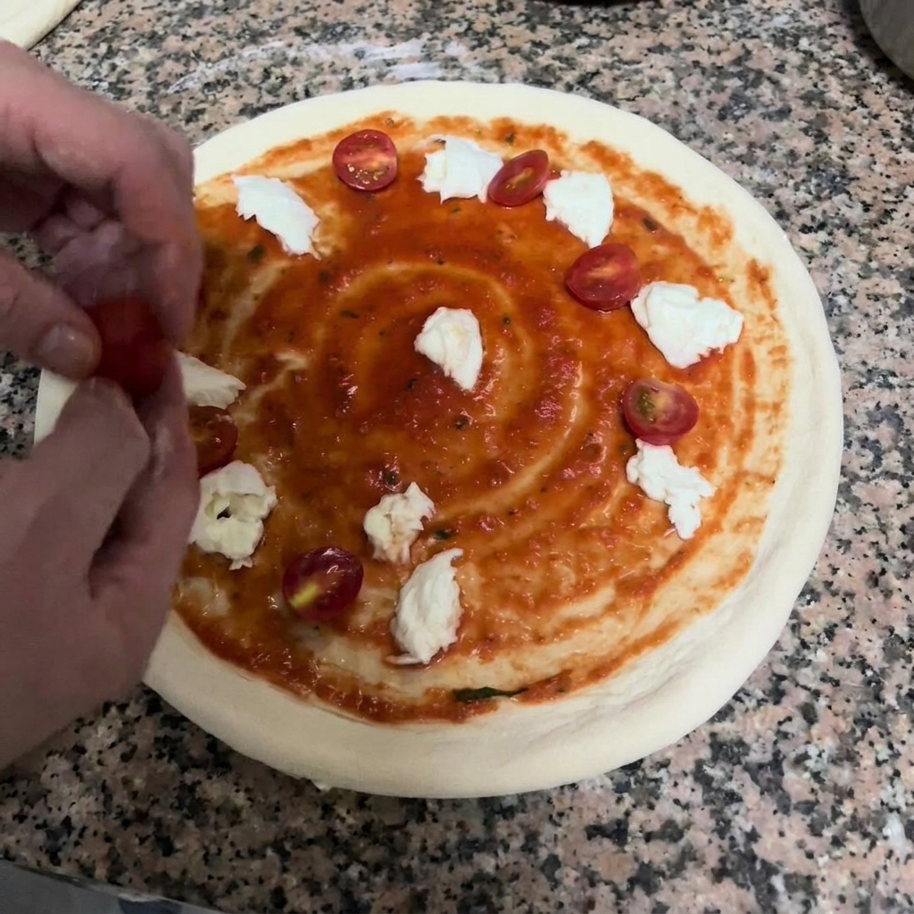 Mani che posizionano pomodorini tagliati a metà sulla pizza.