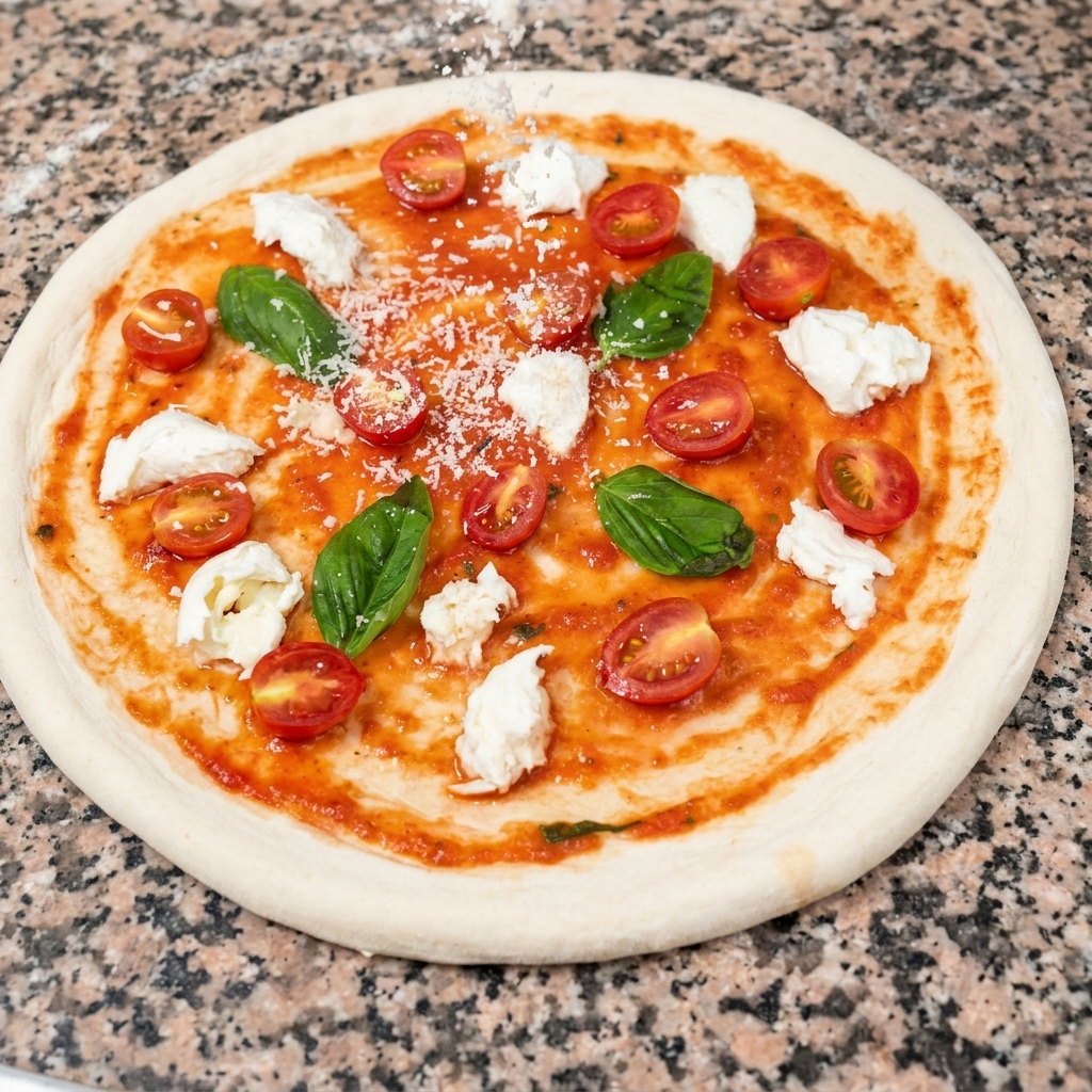 Parmigiano grattugiato che cade su una pizza assemblata.