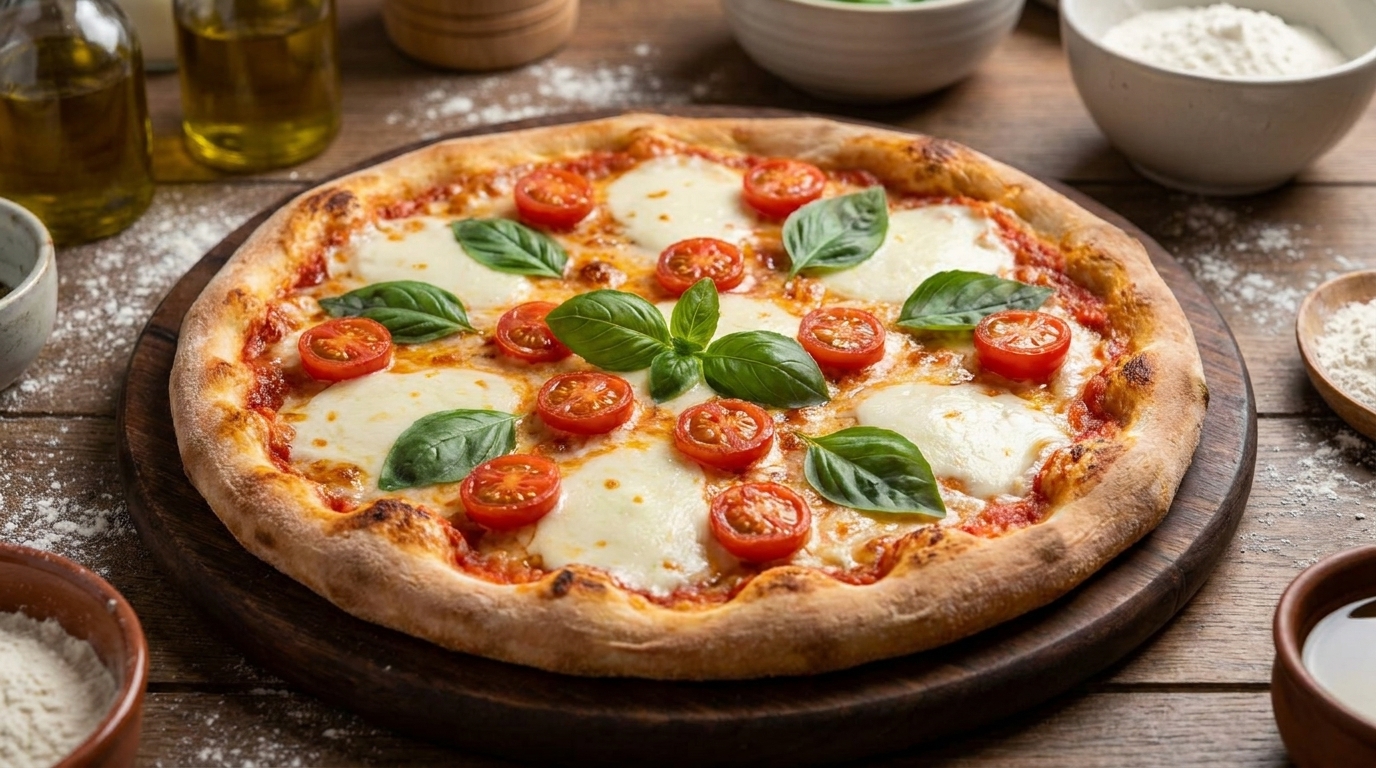 Una pizza appena sfornata condita con cremosa mozzarella di bufala, pomodorini vivaci e basilico fresco.