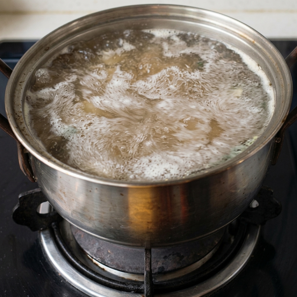 Acqua che bolle in una grande pentola con le verdure aromatiche.