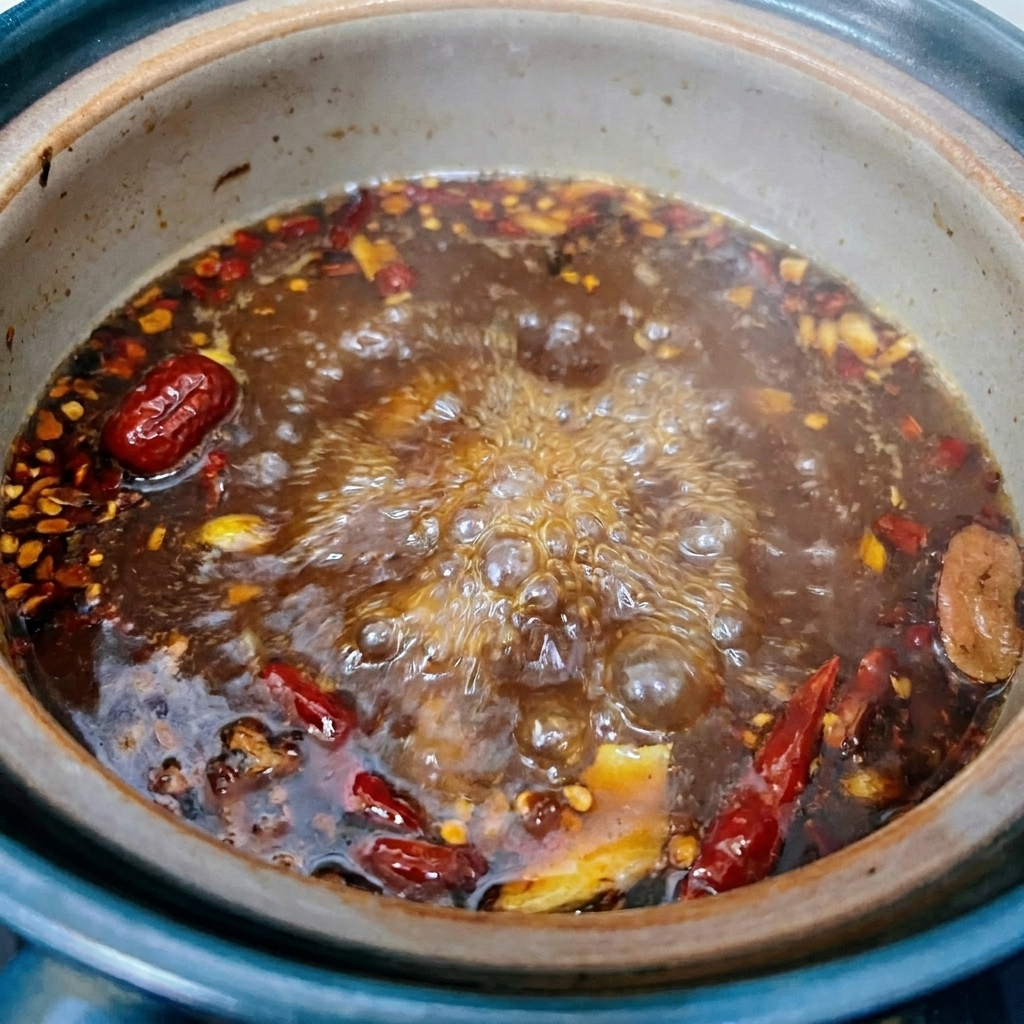 Brodo scuro in una pentola durante la fase di filtraggio degli aromi.
