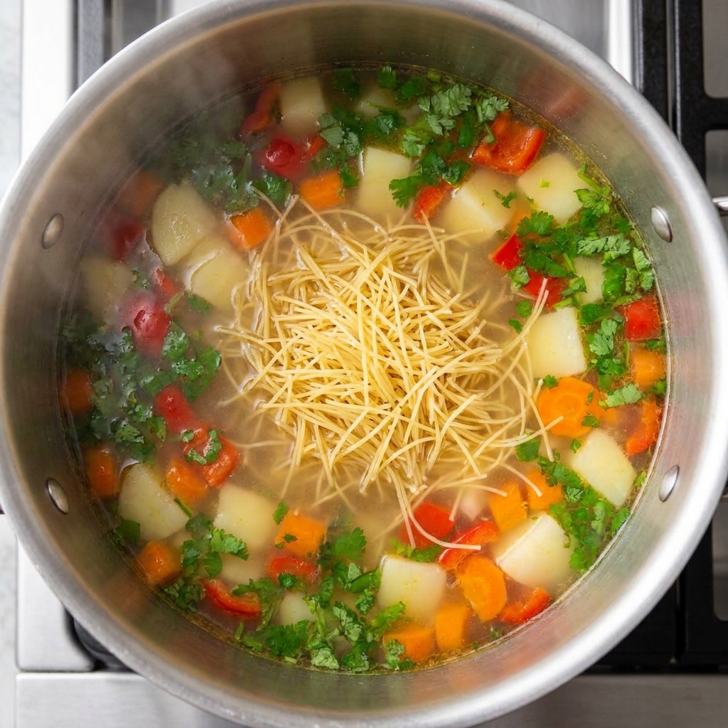Noodles di ramen che cuociono in una pentola con brodo.