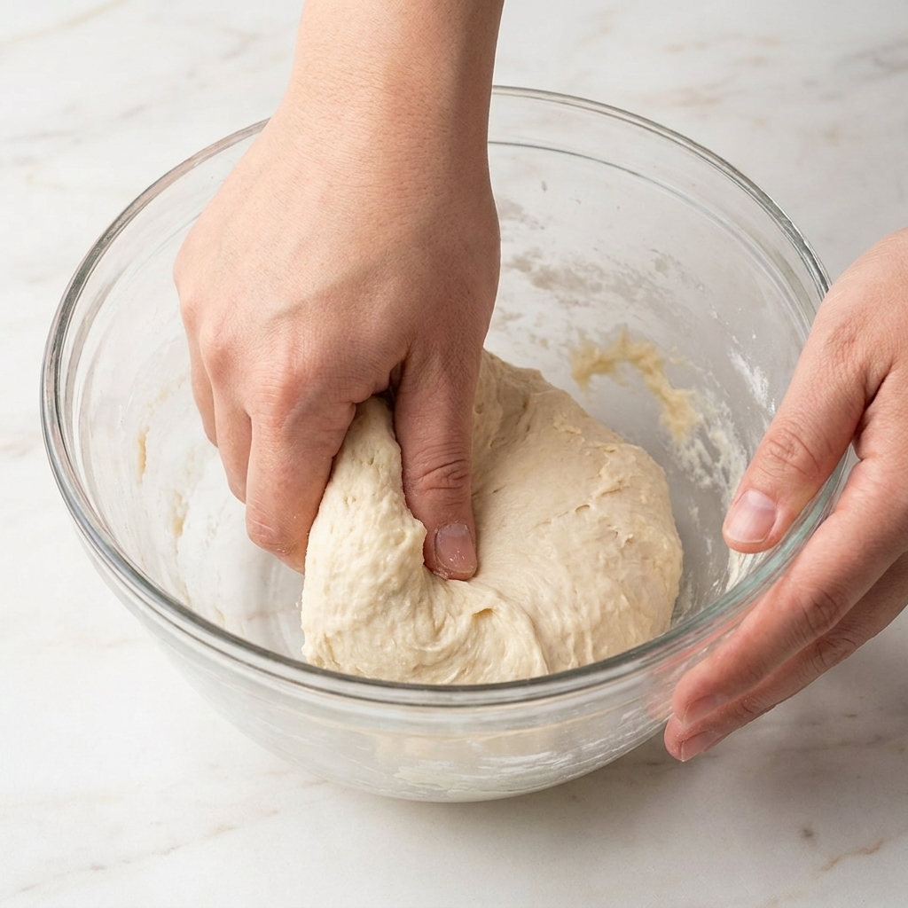 Mani che ripiegano delicatamente limpasto idratato allinterno di una ciotola.