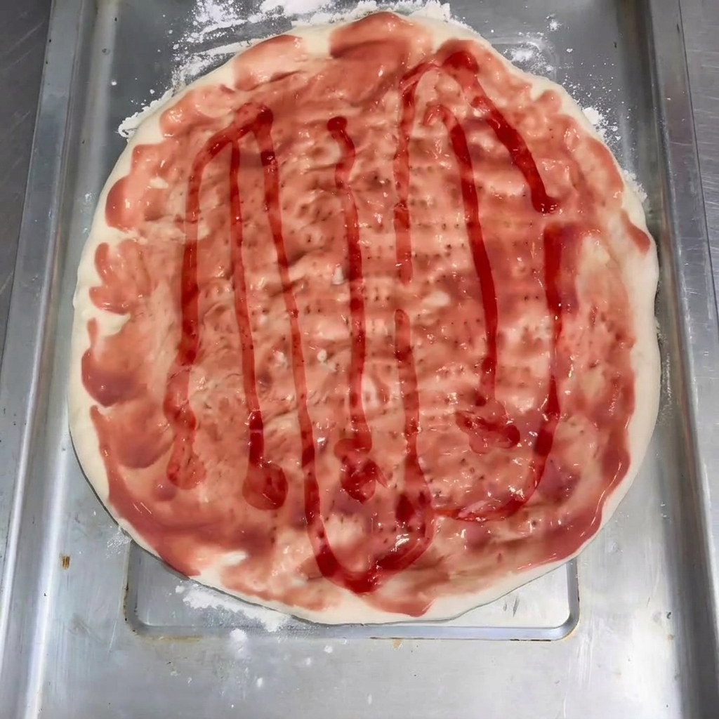 Salsa di pomodoro stesa sullimpasto, pronta per i condimenti.