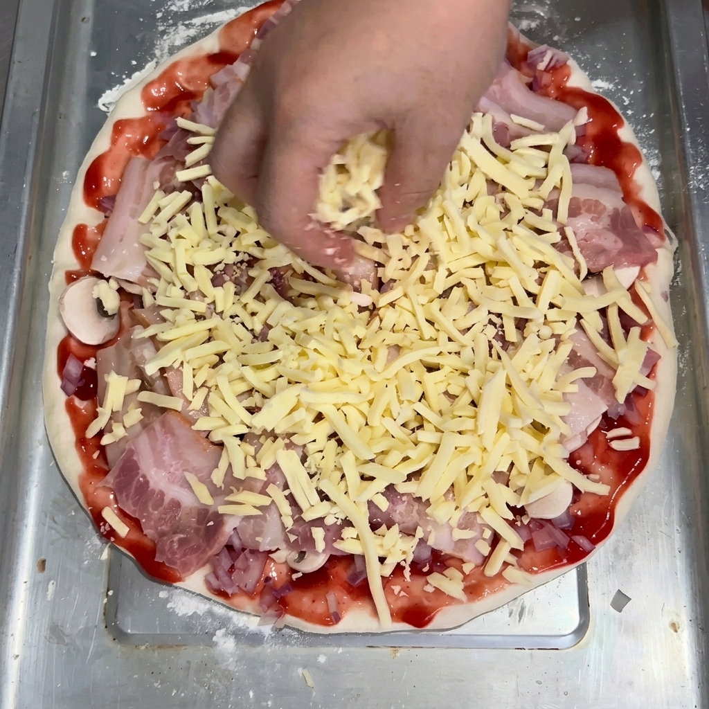 Una mano che sparge mozzarella grattugiata sulla pizza condita con pancetta, funghi e cipolla.