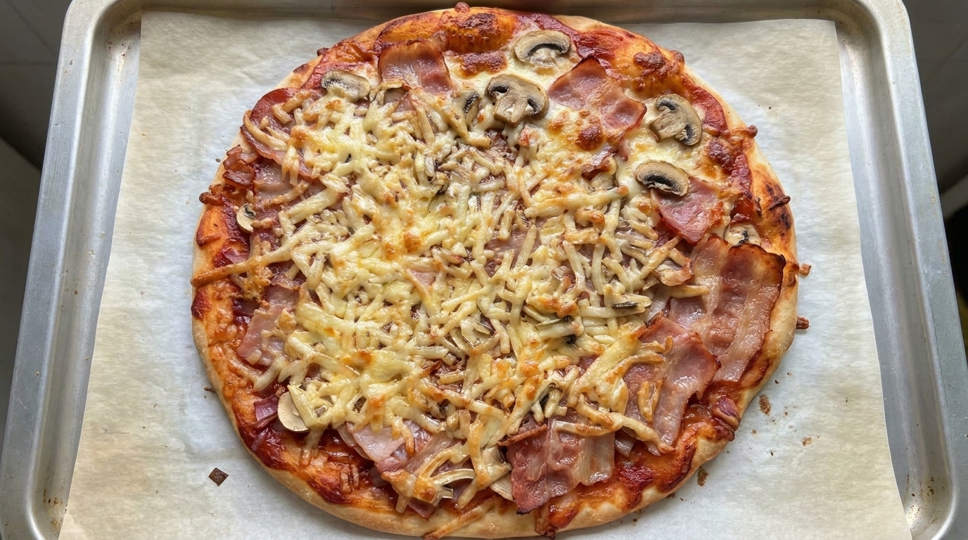 Pizza fatta in casa con pancetta e funghi