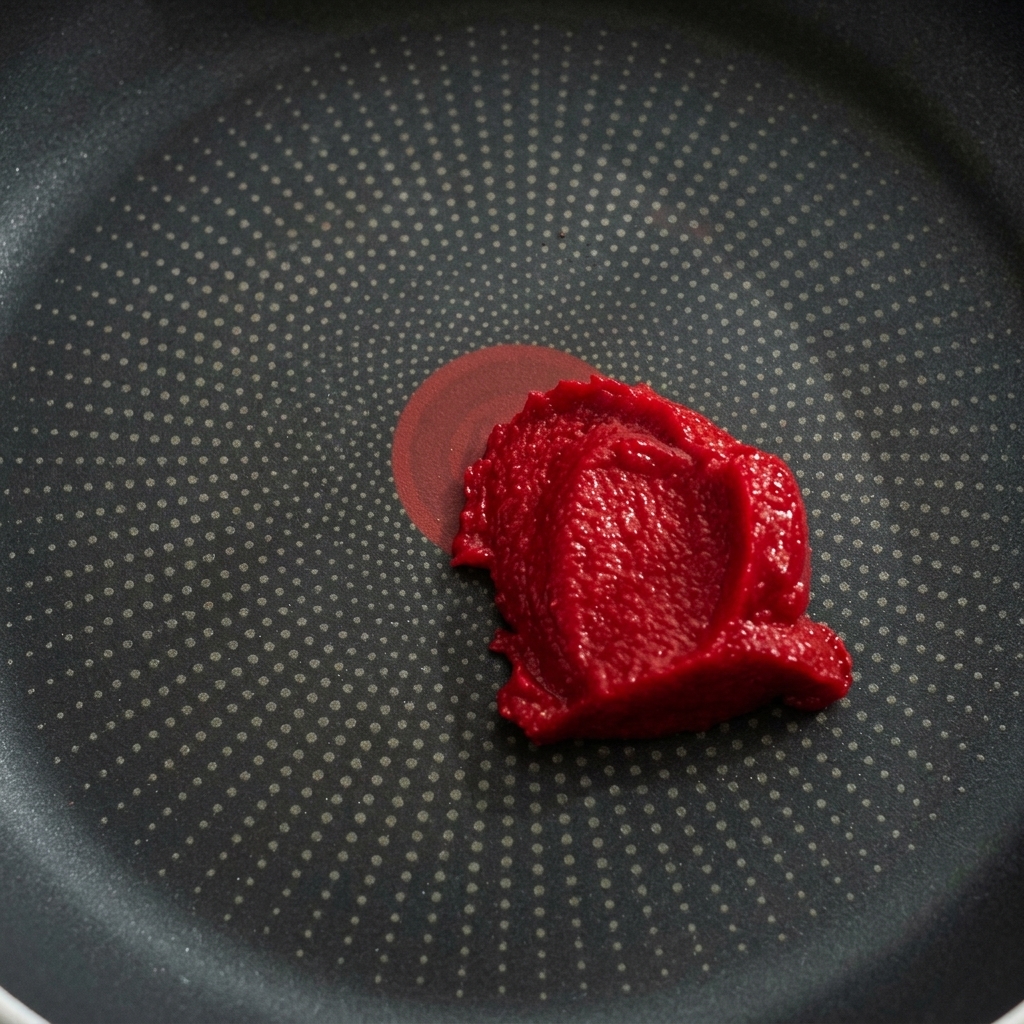 Primo piano del concentrato di pomodoro e ketchup mescolati in una padella antiaderente fino a raggiungere un colore rosso uniforme.
