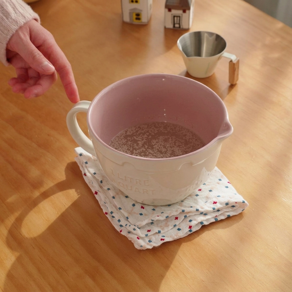 Frusta che mescola lievito e zucchero nellacqua tiepida allinterno di una ciotola rosa.