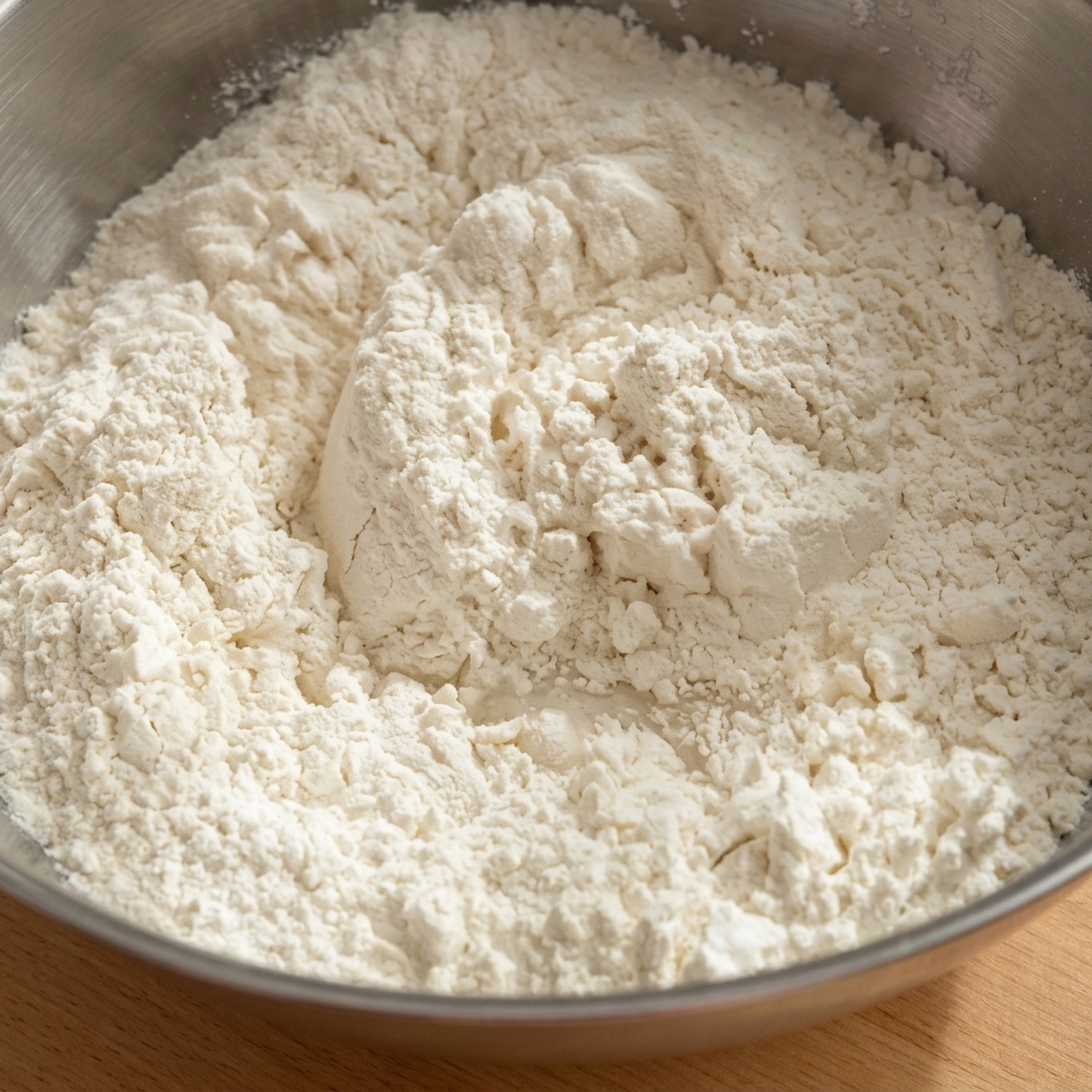 Farina e liquido del lievito mescolati con le bacchette in una grande ciotola di metallo, creando un composto grossolano.