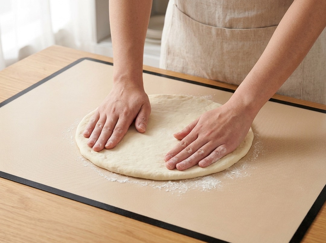 Mani che stendono e appiattiscono un disco di pasta per pizza su un tappetino in silicone.
