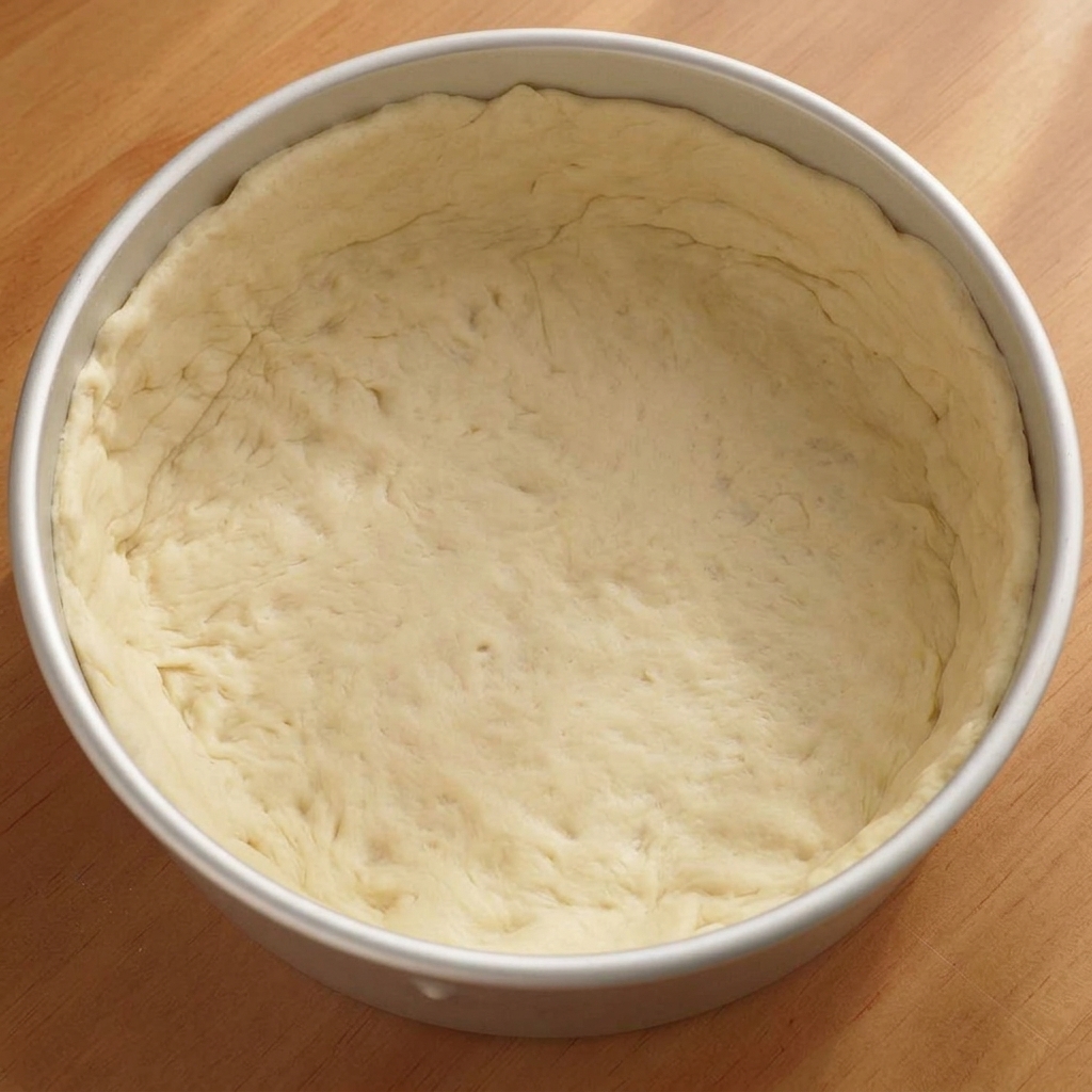 Base rotonda di pasta per pizza adagiata in una tortiera di metallo, con il fondo bucherellato uniformemente da una forchetta.