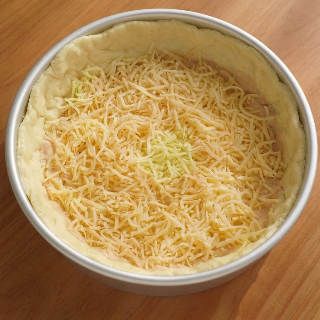 Uno strato di mozzarella grattugiata allinterno del guscio di pasta, ricoperto da fette di salame disposte ordinatamente.