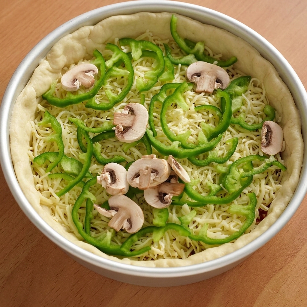 Fette di peperone verde e funghi champignon freschi disposti sopra lo strato di formaggio e salumi.