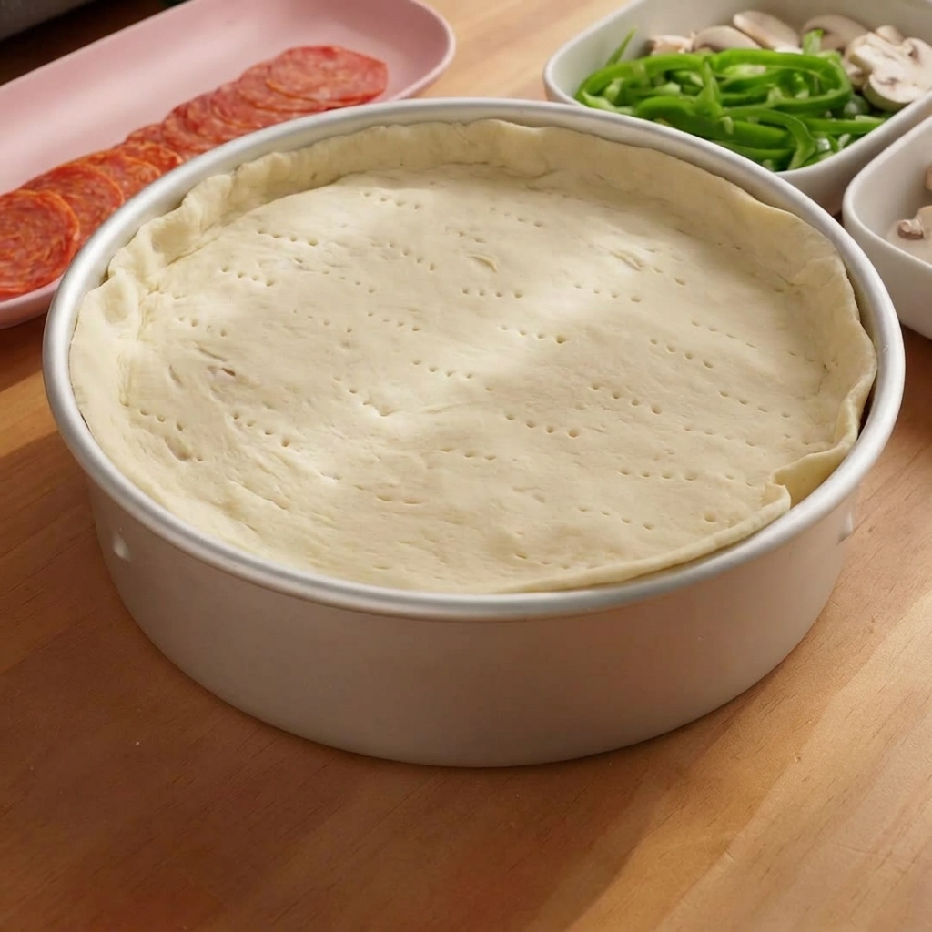 Un cerchio di pasta più piccolo posizionato sopra il ripieno, con i bordi sigillati a mano.