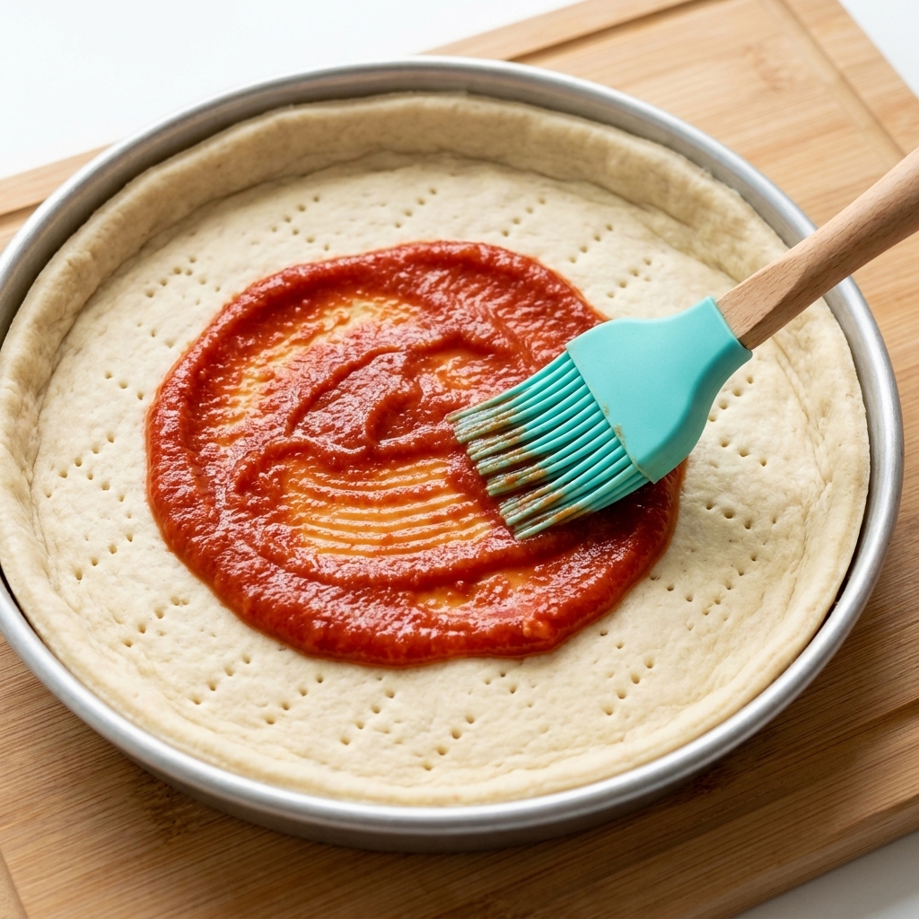 Un pennello in silicone verde che distribuisce la salsa di pomodoro rossa sulla superficie del disco di pasta superiore.
