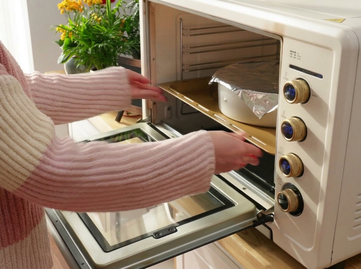 Una teglia per pizza coperta da un foglio di alluminio viene inserita nel forno sulla griglia medio-bassa.