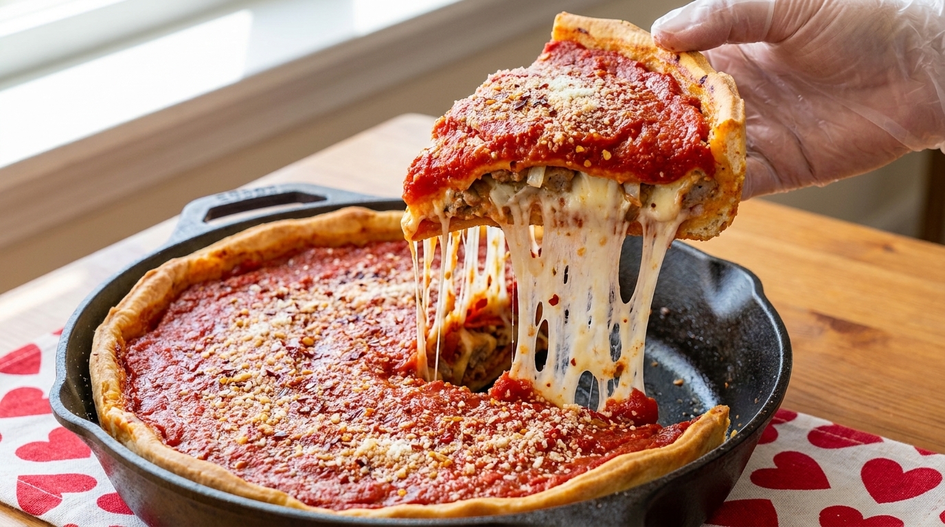Una fetta di deep dish pizza ricoperta da una ricca salsa di pomodoro con un irresistibile cuore di mozzarella filante.