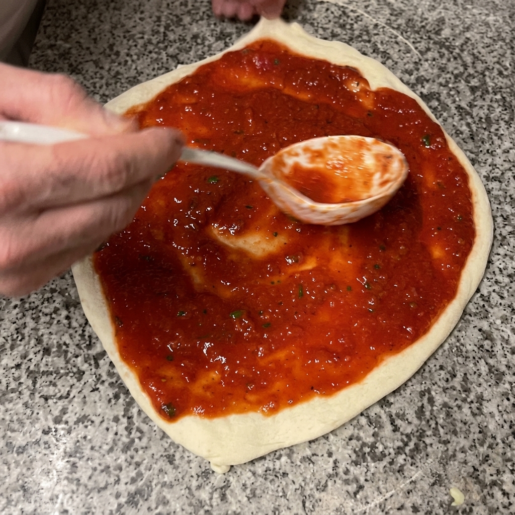 Aglio tritato e olio versati sulla pizza condita.