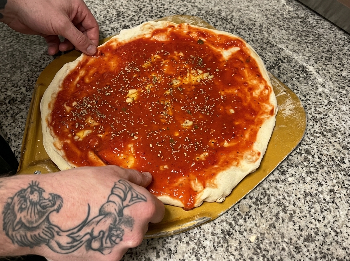 Pizza preparata su una pala pronta per essere inserita nel forno.