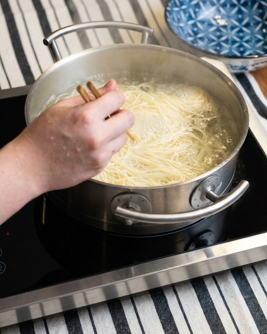 Un mestolo che mescola una cucchiaiata di pasta miso nel brodo di maiale che sobbolle finché non è amalgamato.