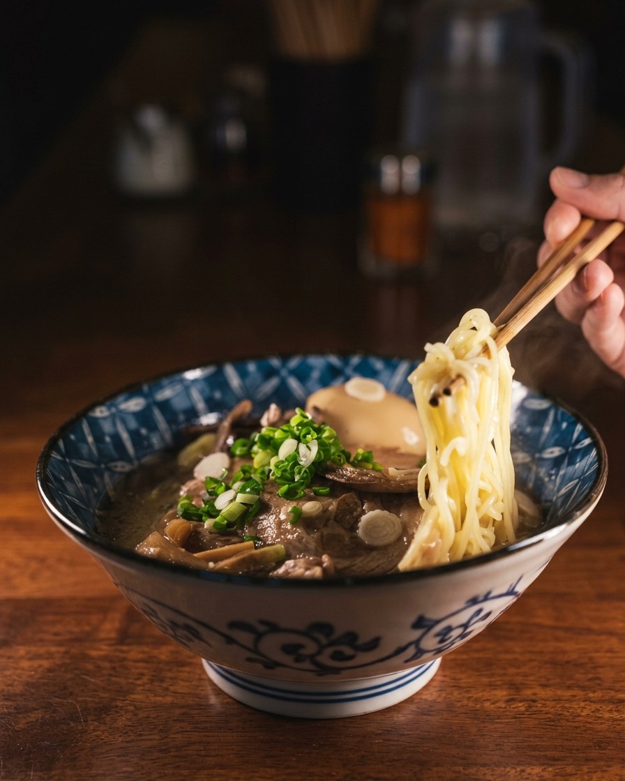 Una ciotola piena di noodles ramen cotti, con il brodo di miso caldo versato sopra.