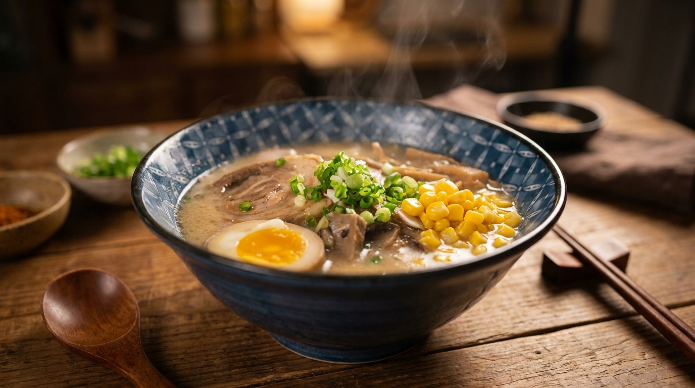 Una fumante ciotola di ramen al miso guarnita con maiale affettato, uovo barzotto, mais dolce e cipollotti.