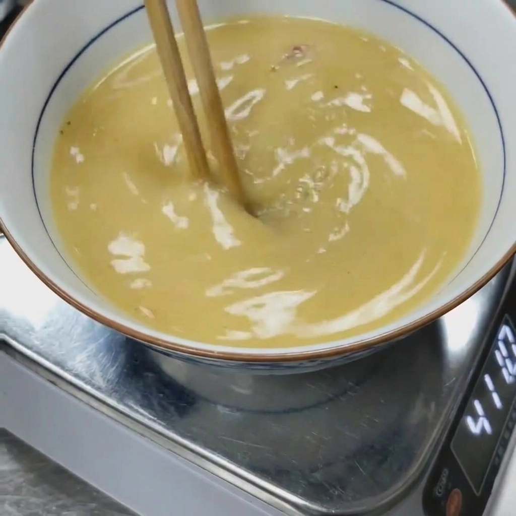 Pasta di miso mescolata accuratamente nel brodo di maiale bollente con le bacchette.