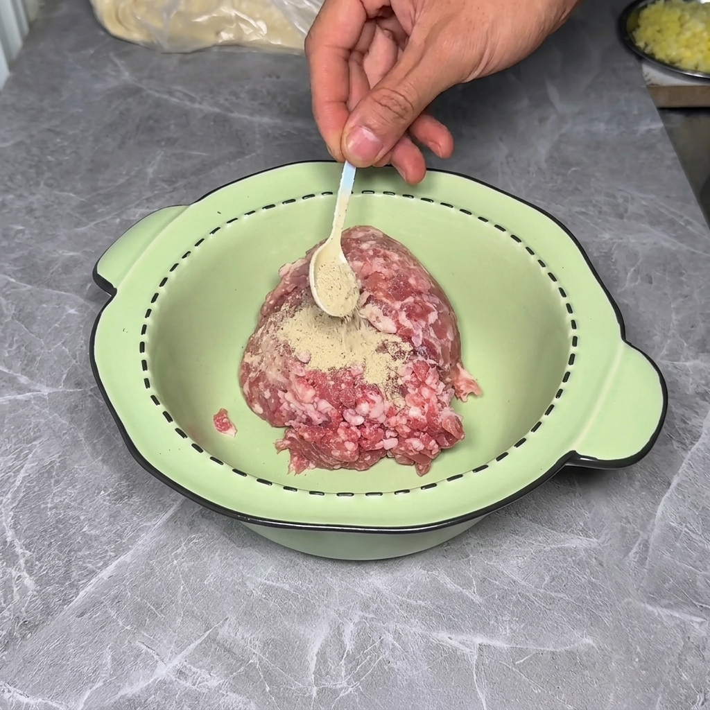 Carne macinata in una ciotola, condita con varie polveri e salse.