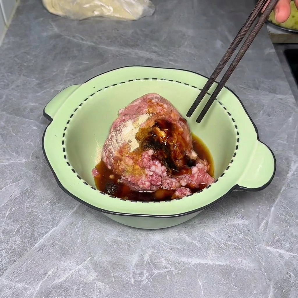 Cipollotti tritati e zenzero uniti al ripieno di carne condita.