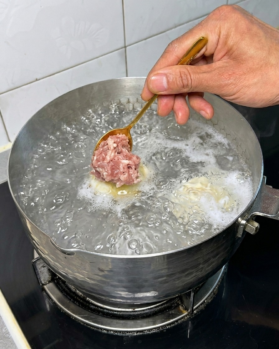 Piccole polpette di carne che vengono calate in una pentola di acqua bollente.