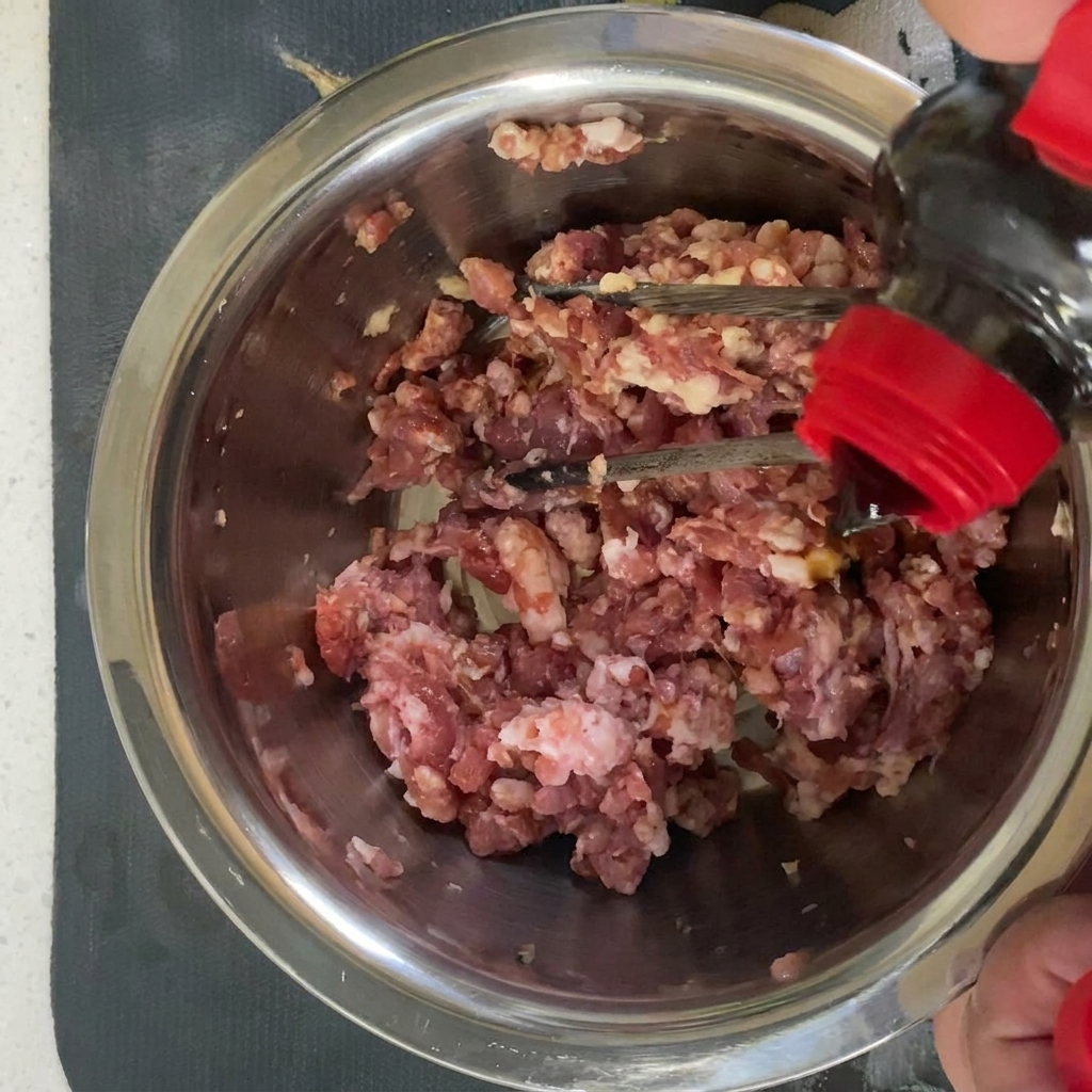 Maiale finemente tritato in una ciotola, condito con varie salse e spezie.