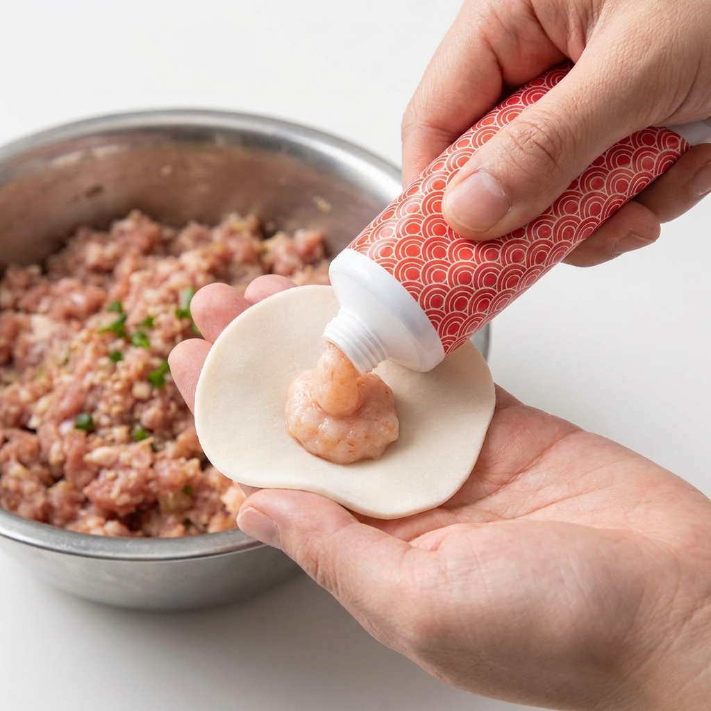 Una piccola quantità di pasta di gamberi aggiunta su un foglio per wonton insieme al ripieno di maiale preparato.