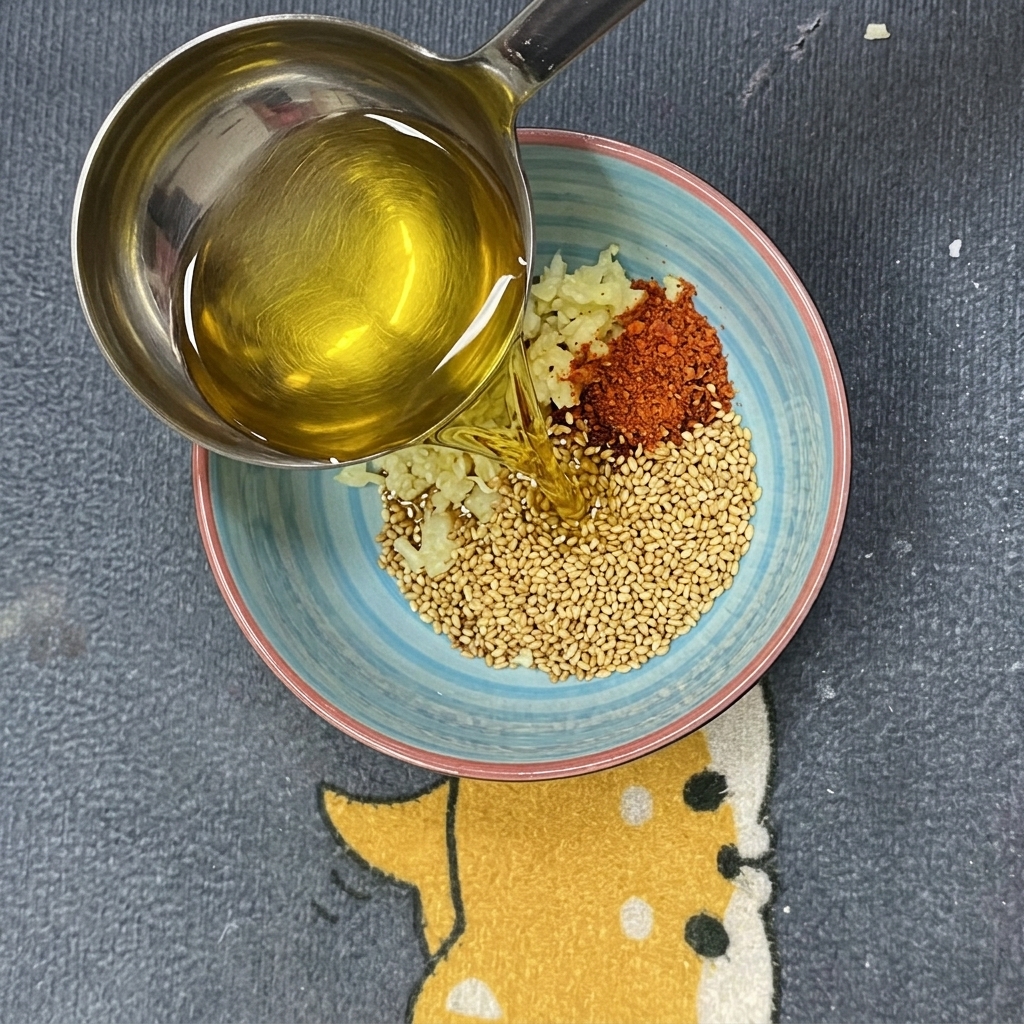 Olio caldo versato in una ciotola contenente aromi per creare un fragrante olio al peperoncino.