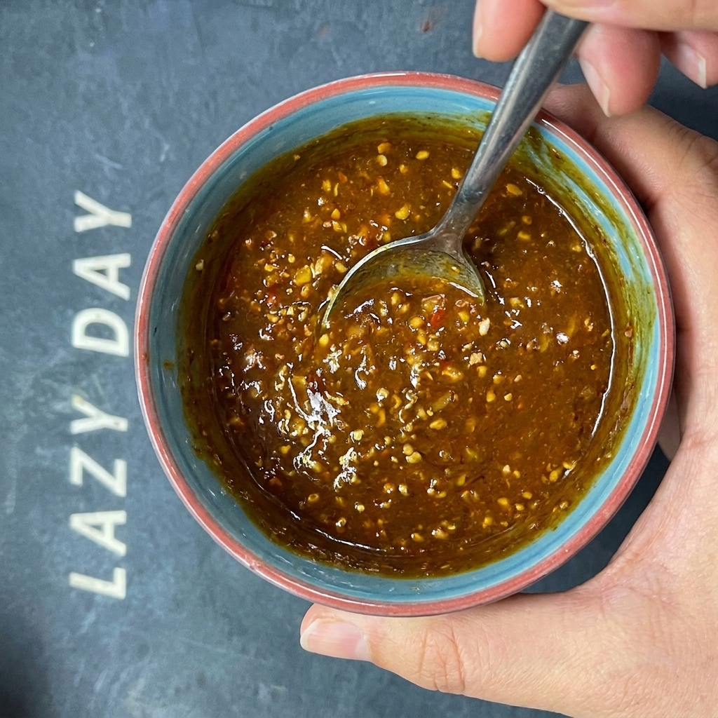 Pasta di sesamo mescolata in una ciotola di olio al peperoncino per ultimare la salsa per i noodles.