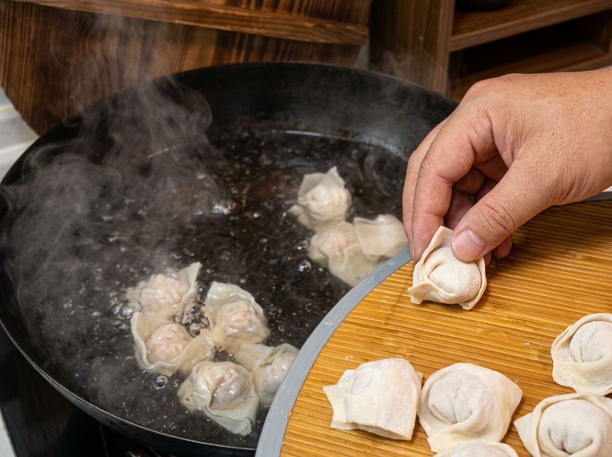 Una mano fa scivolare delicatamente i wonton appena preparati da un vassoio di bambù in acqua che bolle vigorosamente.