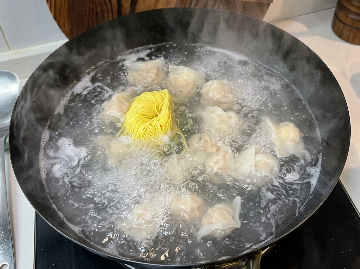 Un mazzetto di noodles secchi alluovo aggiunto in un wok di acqua bollente accanto a paffuti wonton in cottura.