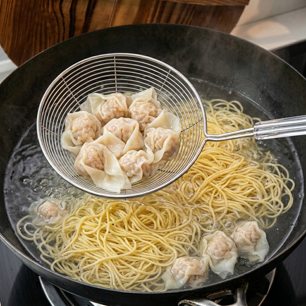 Una schiumarola a rete che preleva dallacqua bollente diversi wonton cotti di maiale e gamberi leggermente traslucidi.