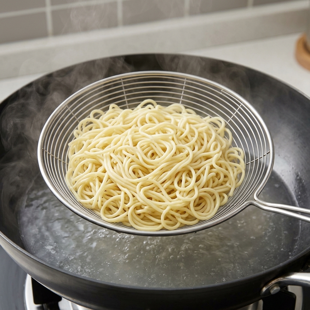 Una schiumarola a rete che preleva una porzione di noodles alluovo cotti dallacqua bollente.