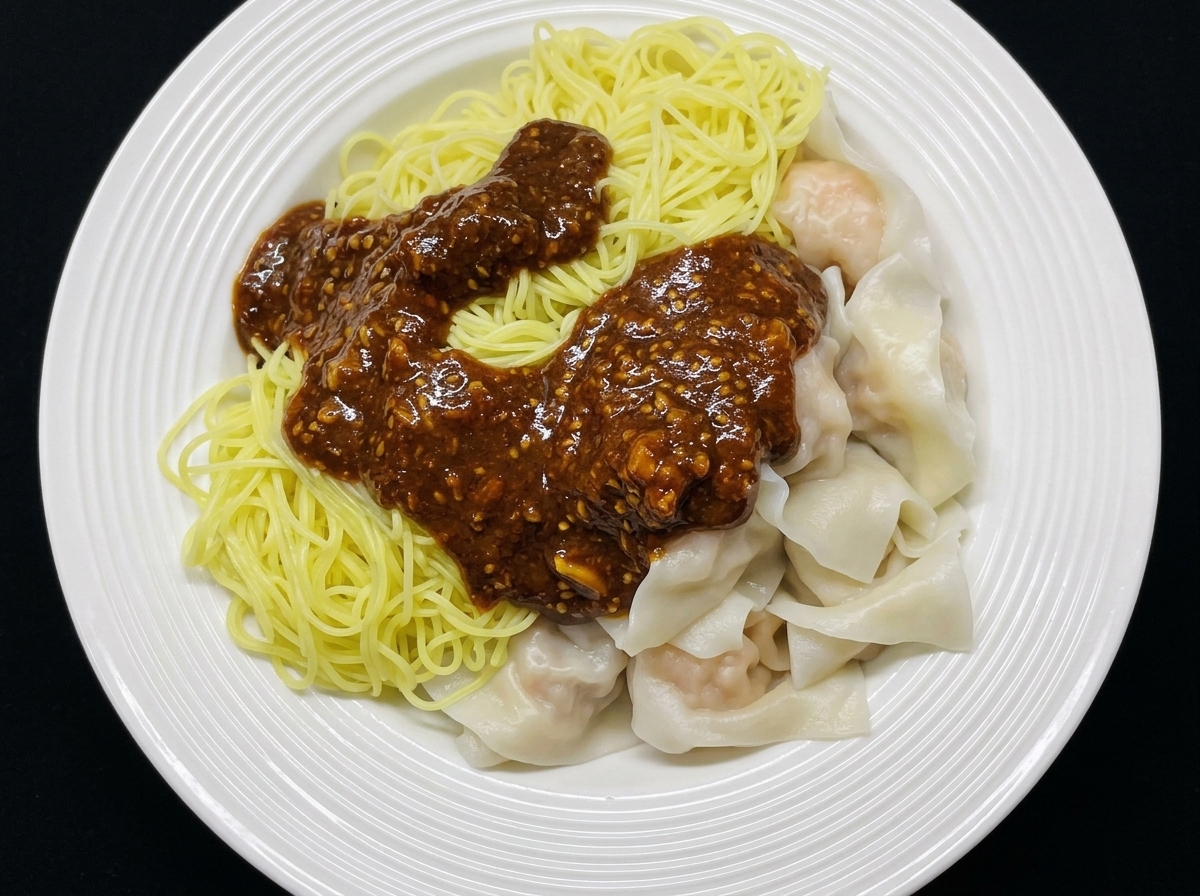 Un primo piano della salsa piccante al sesamo versata con un cucchiaio su un piatto di wonton e noodles appena cotti.