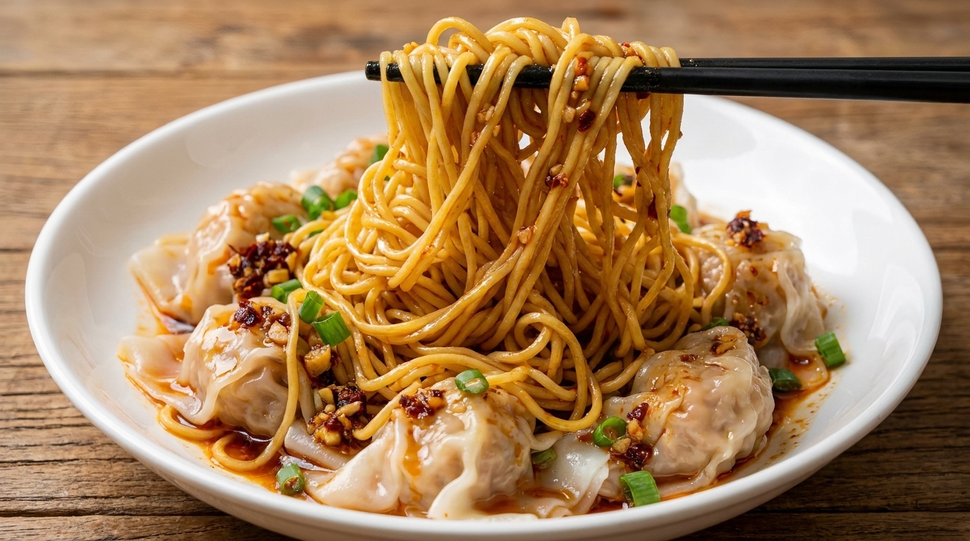 Noodles con Wonton, Salsa al Sesamo e Peperoncino