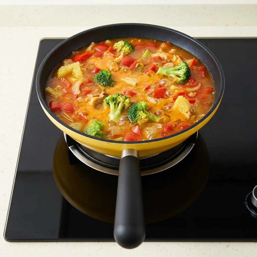 Primo piano di un cucchiaio di sale spolverato in una padella fumante con brodo di pomodoro e senape.
