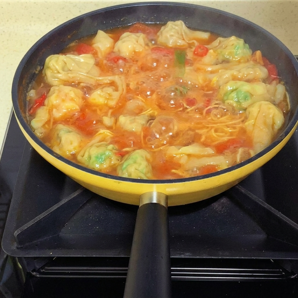 Cipollotti freschi tritati sparsi sulla zuppa finita nella padella.