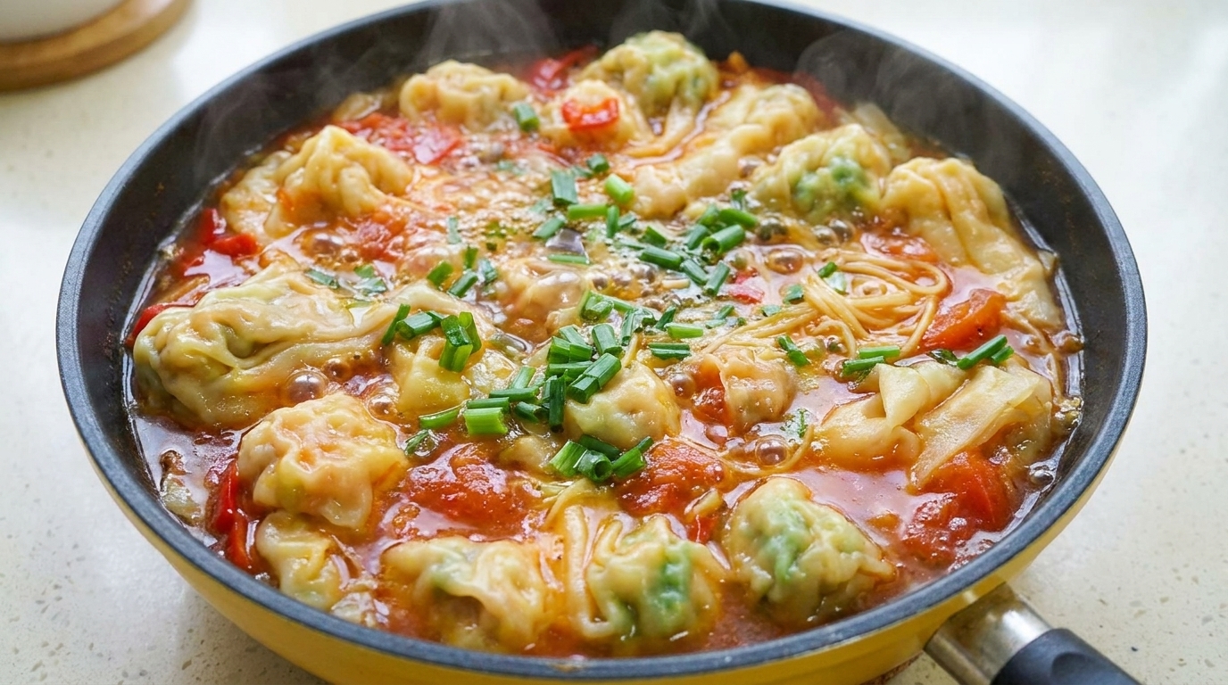 Zuppa di Noodle con Wonton, Pomodoro e Senape in Salamoia