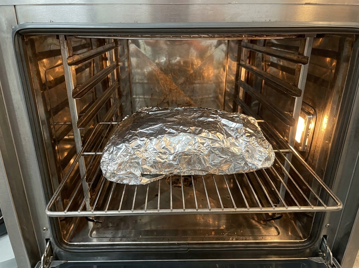 Un pacchetto di alluminio appoggiato su una griglia allinterno di un forno preriscaldato in acciaio inox.