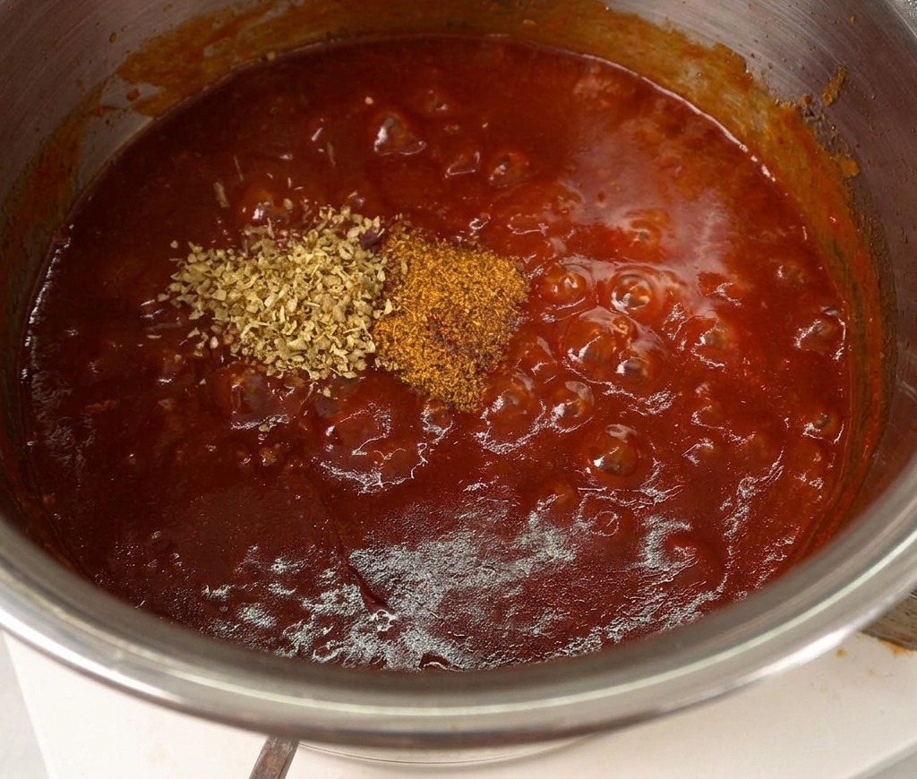 Spezie ed erbe secche sopra una salsa BBQ rossa che bolle in una pentola di metallo.