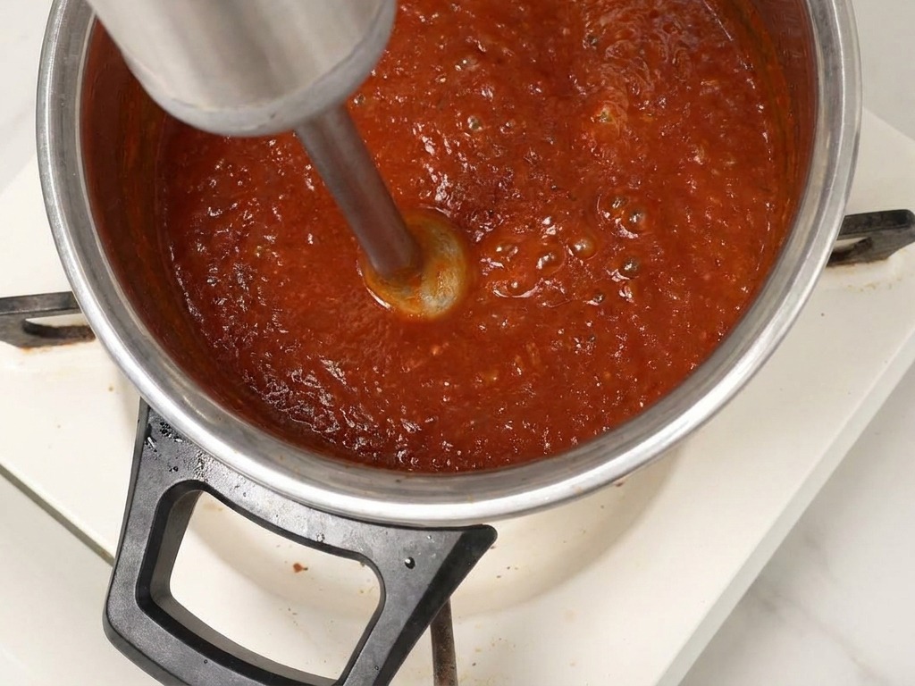 Una persona che usa un frullatore a immersione per rendere liscia una densa salsa BBQ rossa in una pentola.